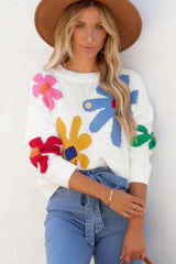 Pull à col rond blanc coloré à motif de grandes fleurs