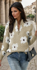 Khaki sweater with floral motif and half-zip *