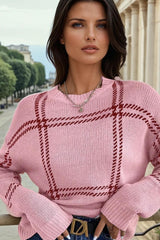 Sweater rosa de hombro rosa tejido con patrón escocés*