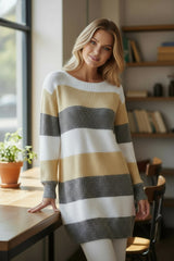 Vestido de suéter a rayas de bloque de color, mangas de burbujas, hombros caídos