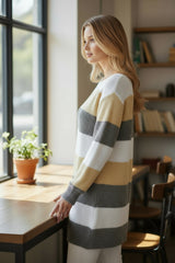 Vestido de suéter a rayas de bloque de color, mangas de burbujas, hombros caídos