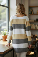 Vestido de suéter a rayas de bloque de color, mangas de burbujas, hombros caídos