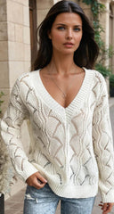 Beige sweater in openwork knit in v * collar