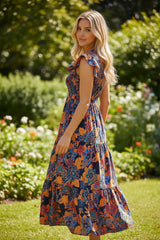 Vestido floral bohemio largo en V -neck y volantes en varios niveles de azul oscuro