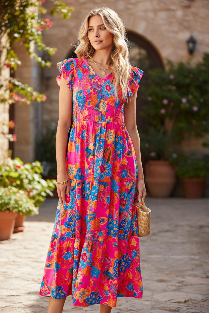 Vestido y volantes con volantes con un estilo en V -ck y Red Bohemian