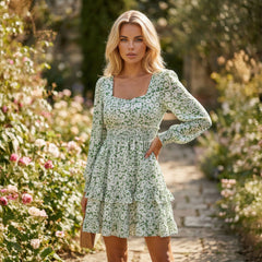 Floral Print Square Neck Ruched Waist Tiered Ruffle Mini Dress Green