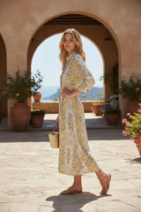 Vestido midi blanco con botón de impresión de cintura alta y cachemir