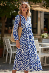 Long blue dress with abstract geometric print western