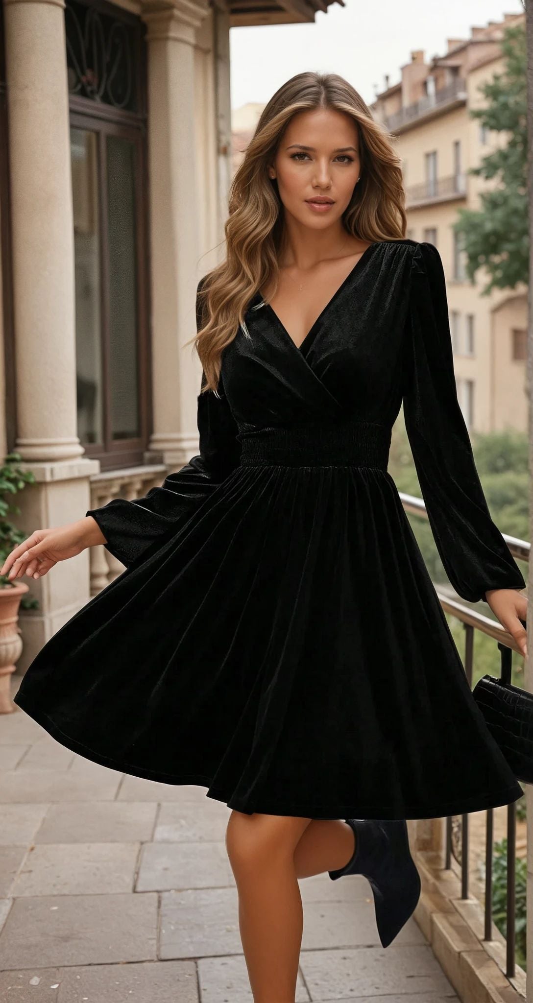 Mini-robe taille haute surplis en velours noir *