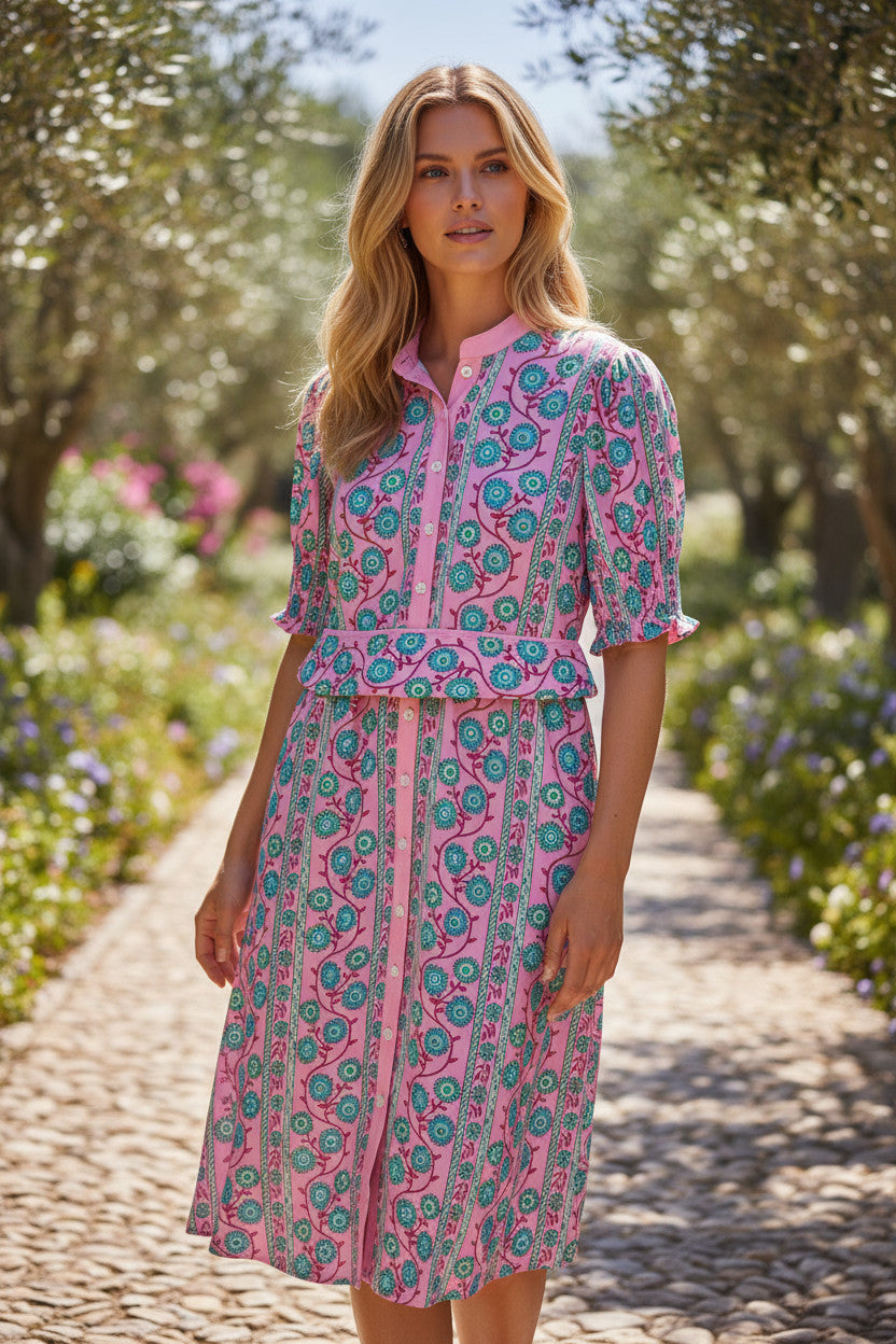 Fleurie gathered pink lengthy dress with puffy sleeves*