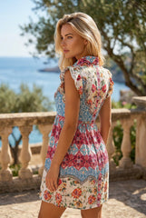 Robe boutonnée à volants et manches flottantes, motif floral mixte rose