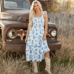 Robe longue sans manches à imprimé floral bleu ciel