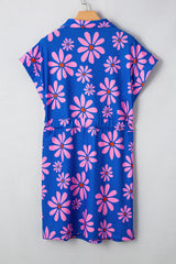 Robe courte violette à rayures et fleurs