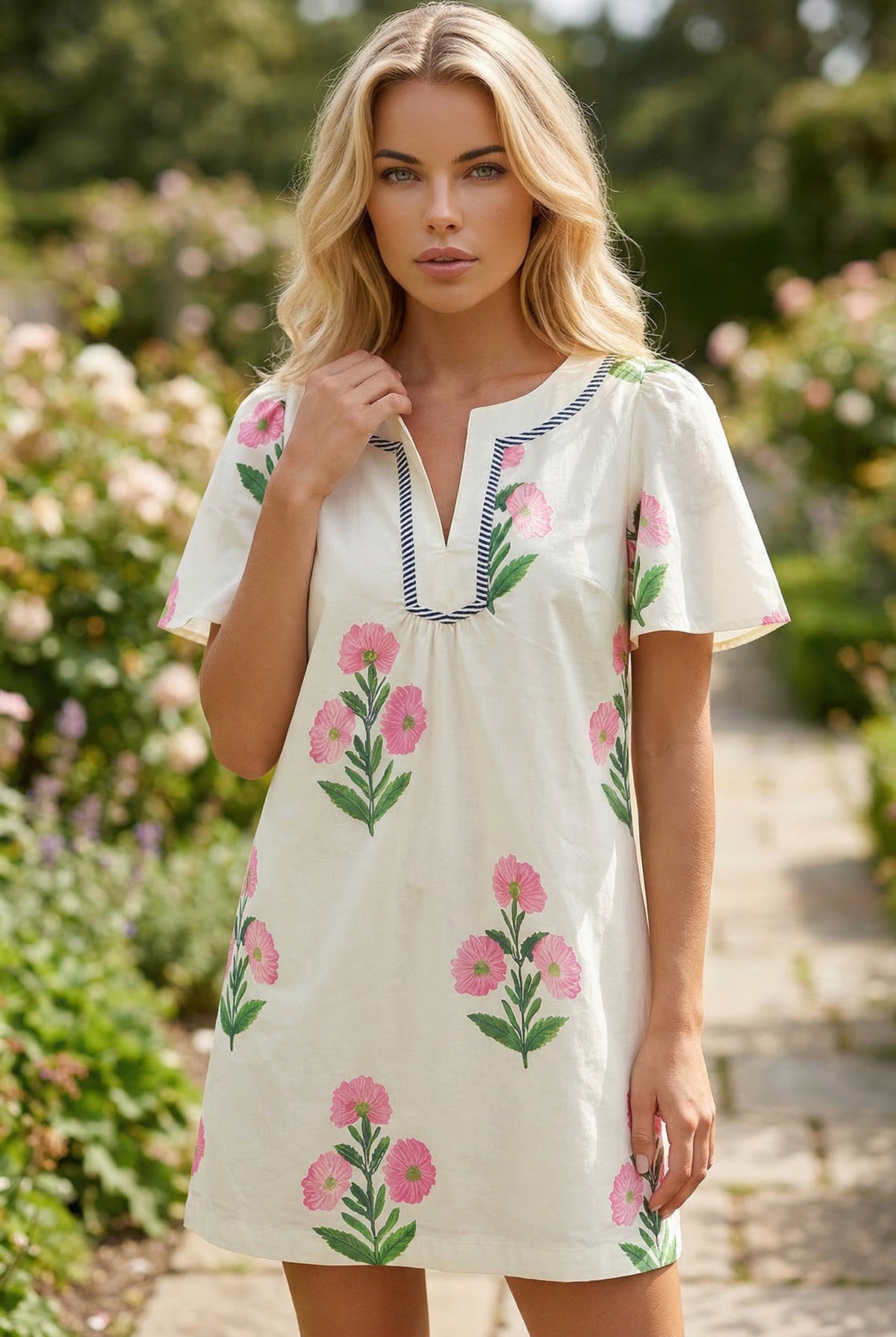 Mini-robe ample à manches courtes et col fendu, motif floral abricot