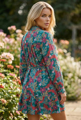 Robe chemise à volants et col en V à fleurs vertes et manches bouffantes