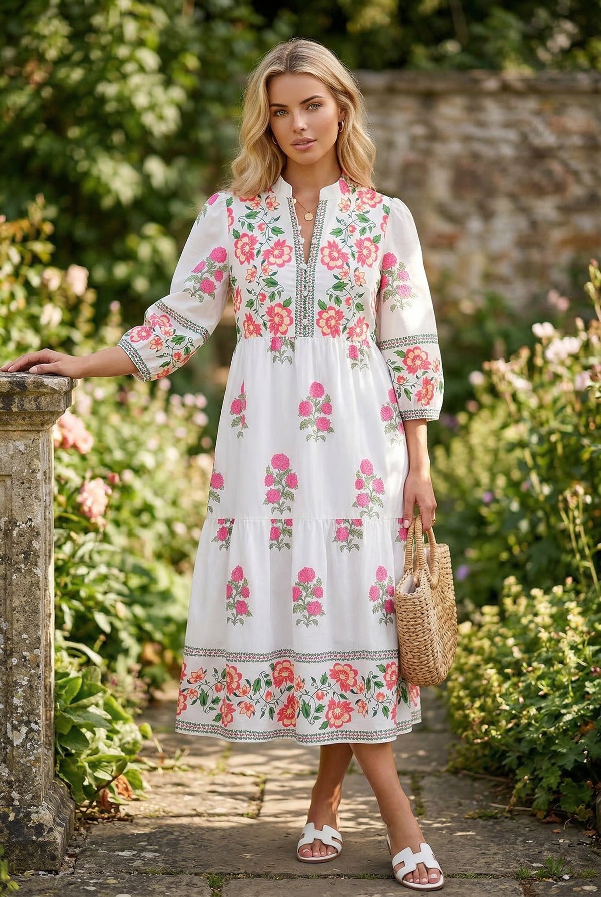 Robe longue blanche à imprimé floral, col mandarin et manches 3/4