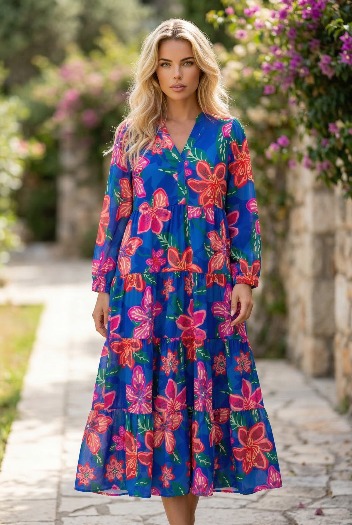 Robe longue à volants et col en V à manches 3/4 et imprimé floral bleu