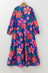 Robe longue à volants et col en V à manches 3/4 et imprimé floral bleu