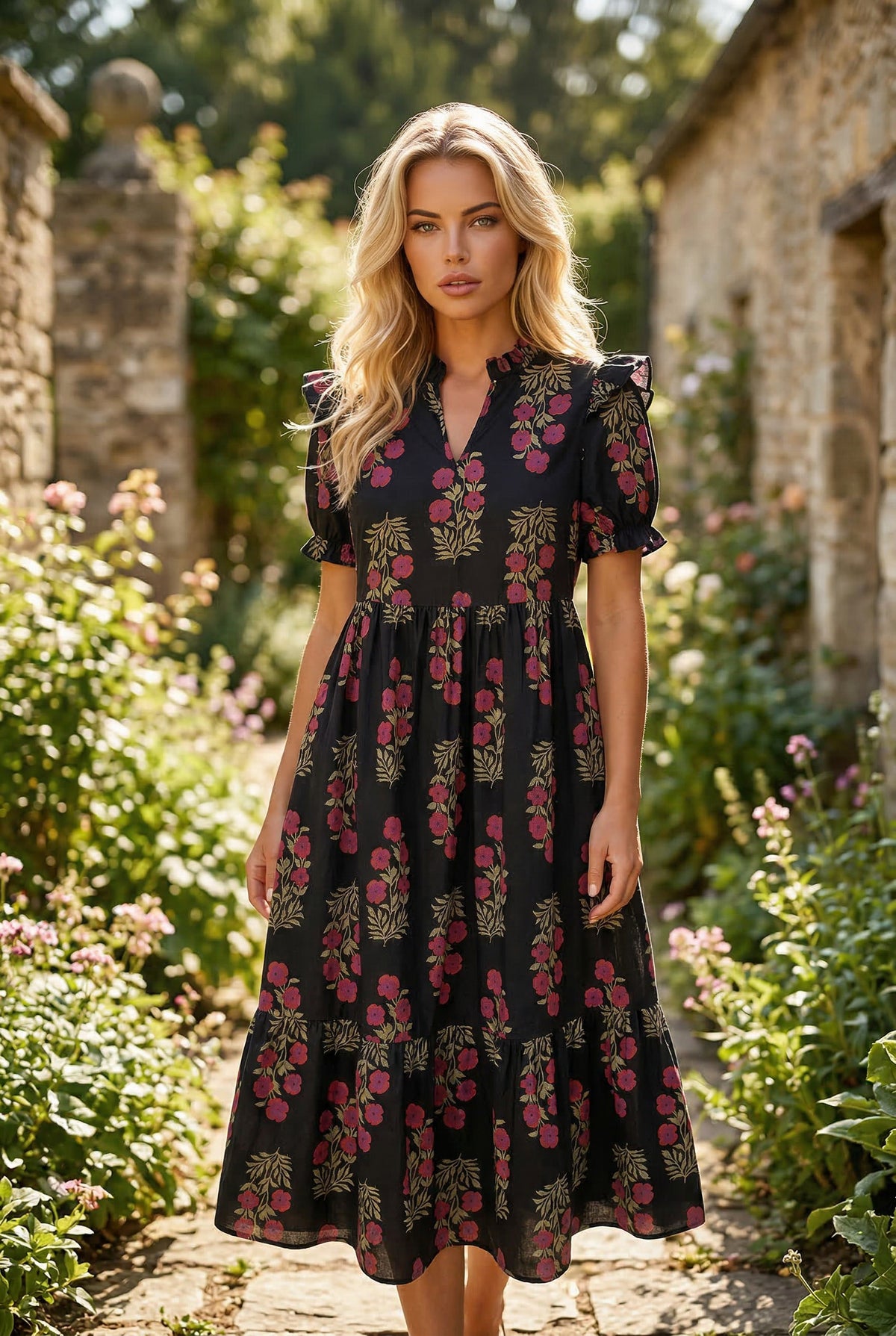 Robe longue noire à volants et manches courtes bouffantes à fleurs
