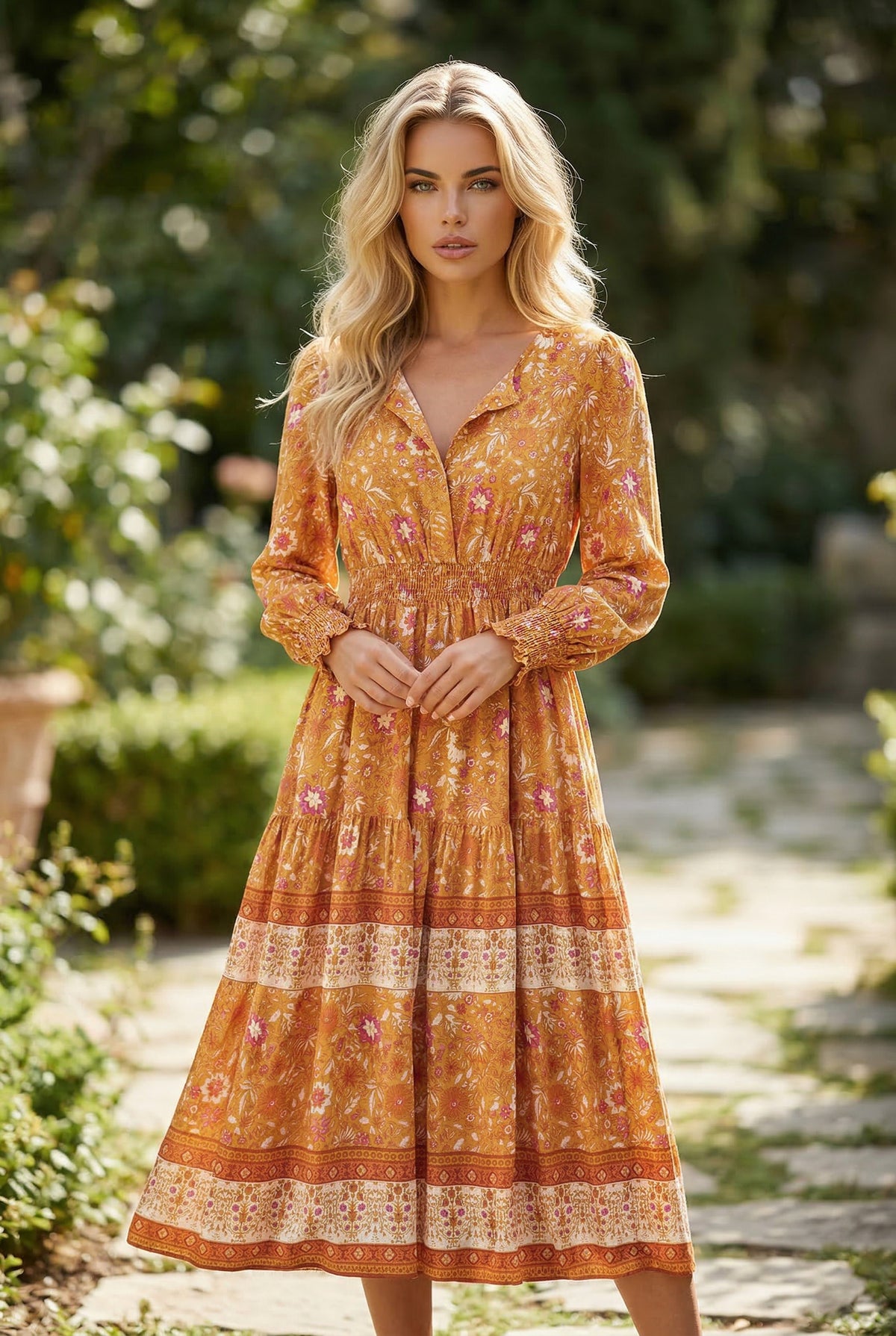 Robe maxi bohème à manches longues et taille smockée