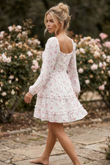 Robe courte évasée à imprimé floral rose, manches longues