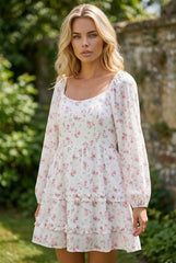 Robe courte évasée à imprimé floral rose, manches longues