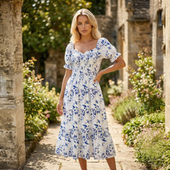 Robe mi-longue à fleurs à volants et manches courtes