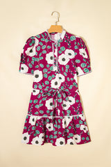 Robe courte mini à manches bouffantes et imprimé floral rouge