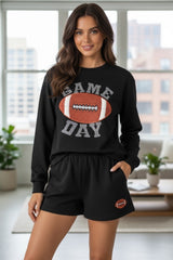 GAME DAY Rugby Football Black Graphic Sweater and Shorts, Casual Outfit