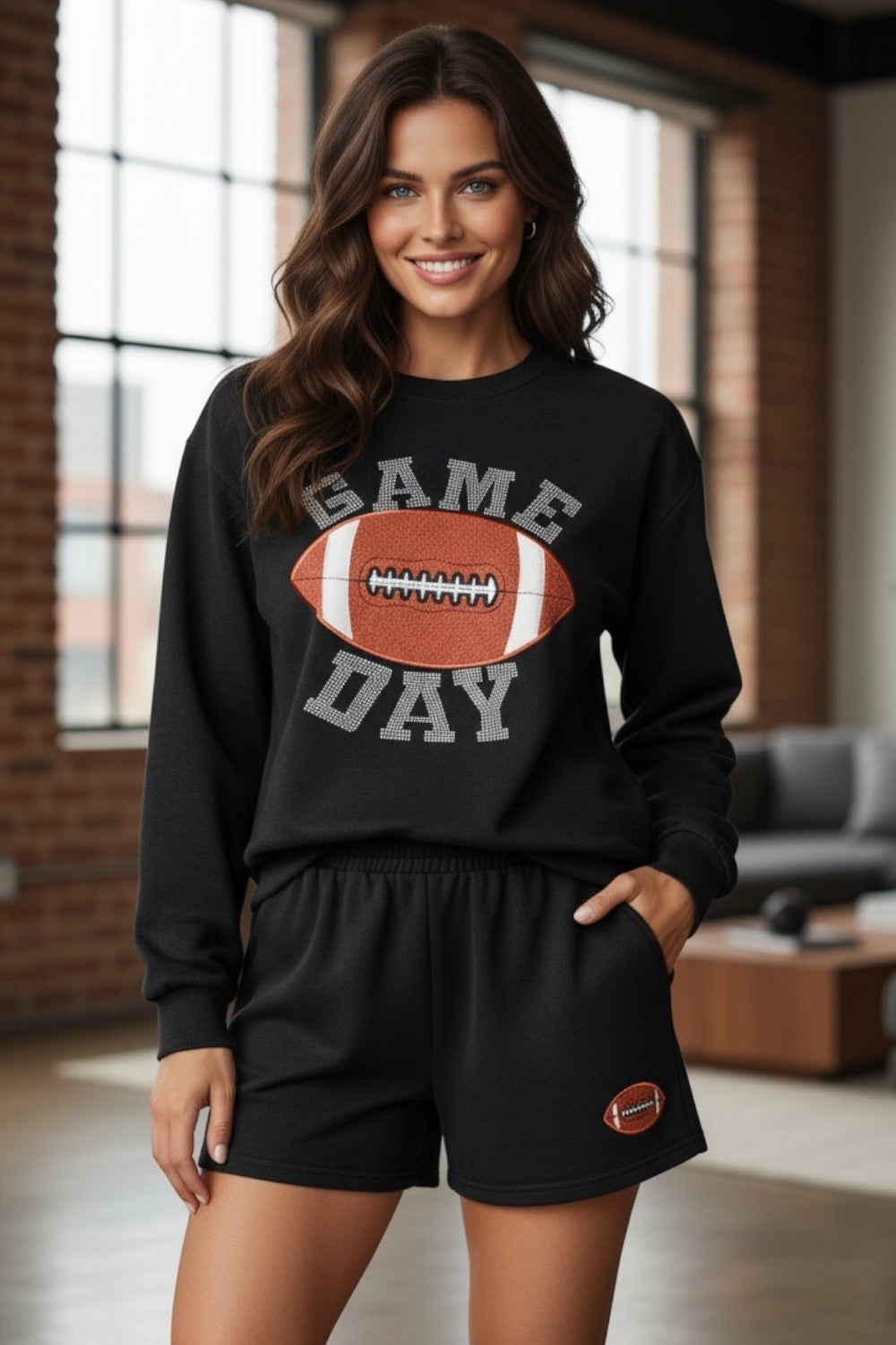 GAME DAY Rugby Football Black Graphic Sweater and Shorts, Casual Outfit