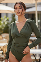 Body vert kaki froncé à manches longues *