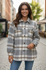 Women's jacket with pocket in brown plaid print