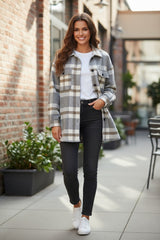 Women's jacket with pocket in brown plaid print