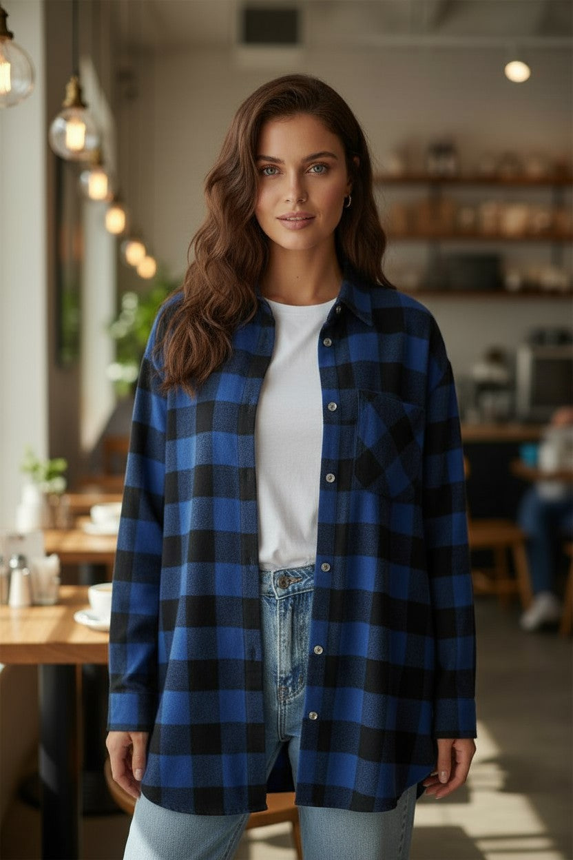 Blue tile shirt jacket with folded collar