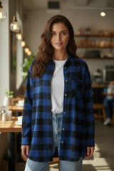 Blue tile shirt jacket with folded collar
