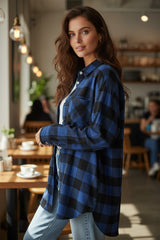 Blue tile shirt jacket with folded collar