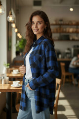 Blue tile shirt jacket with folded collar