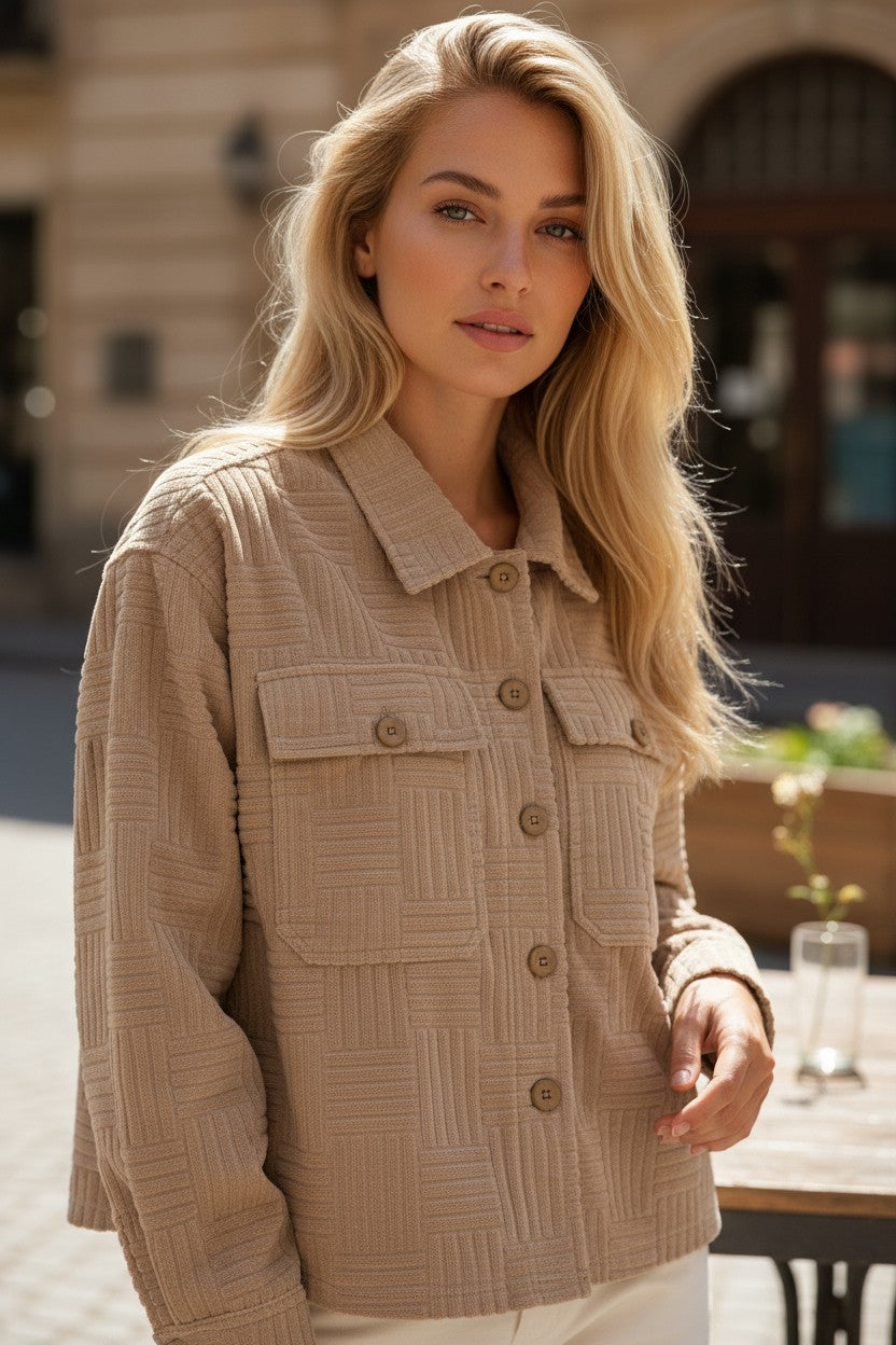 Chaqueta abotonada de color caqui oscuro con bolsillo de pecho texturizado