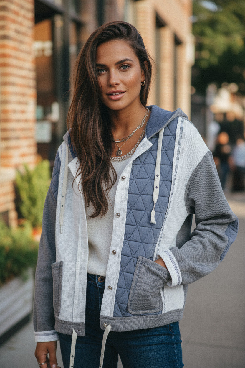 Light Blue Patchwork Textured Quilted Loose Fit Hooded Jacket