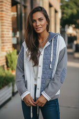 Light Blue Patchwork Textured Quilted Loose Fit Hooded Jacket