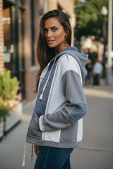 Light Blue Patchwork Textured Quilted Loose Fit Hooded Jacket