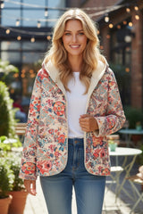 Beige Sherpa Lined Hooded Jacket with Vintage Paisley Floral Print