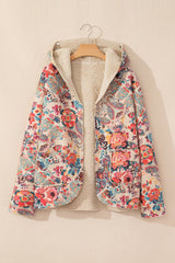 Beige Sherpa Lined Hooded Jacket with Vintage Paisley Floral Print