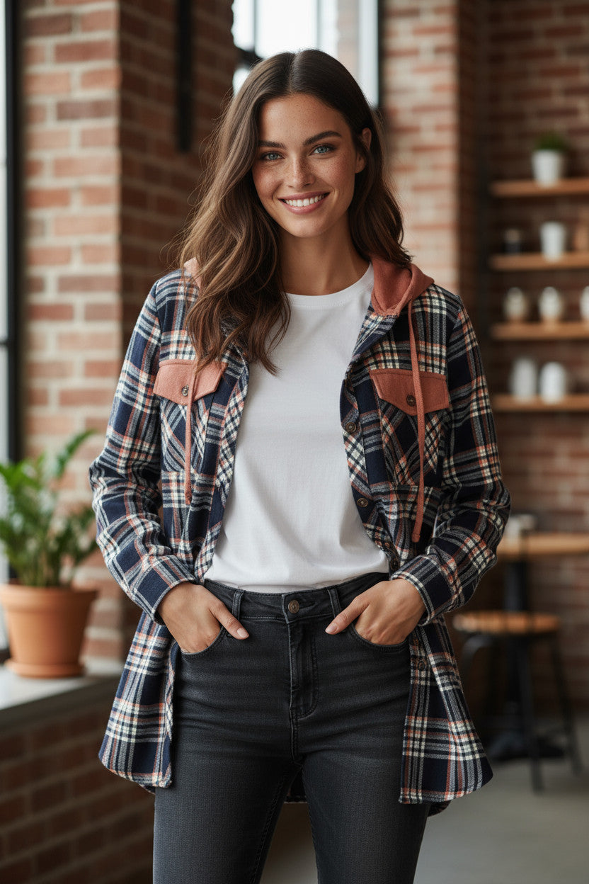 Veste à carreaux rose contrastée avec capuche *
