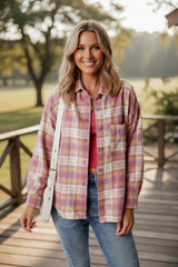 Chemise Veste à manches longues et poche poitrine à imprimé écossais rose