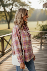 Chemise Veste à manches longues et poche poitrine à imprimé écossais rose