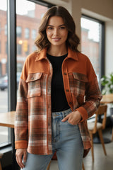 Veste boutonnée kaki à motif écossais color block avec poches à rabat