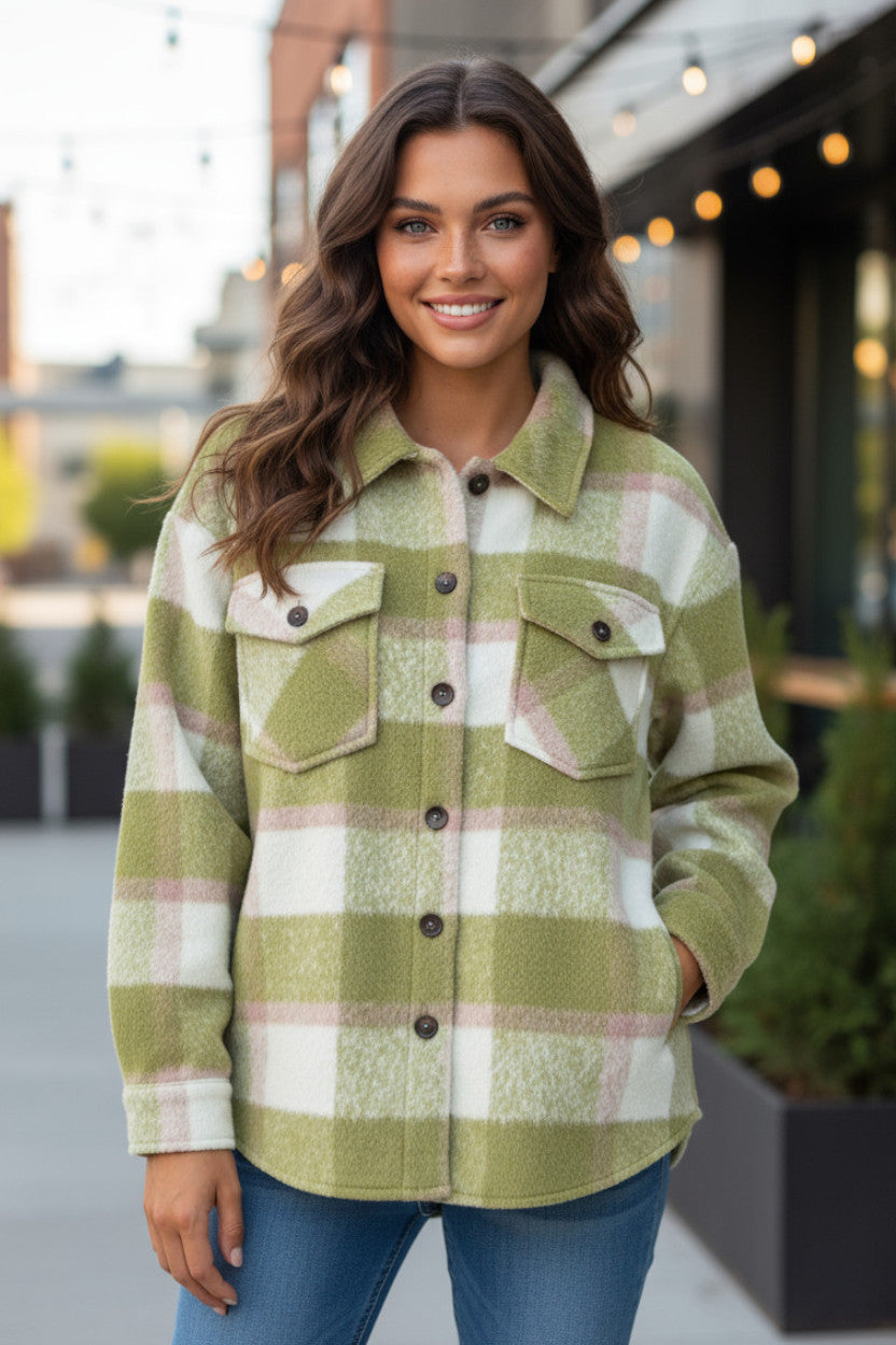 Sage Green Plaid Baggy Shacket with Buttoned Flap Pockets