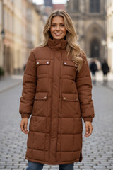 Manteau mi-long zippé à col montant et matelassé café