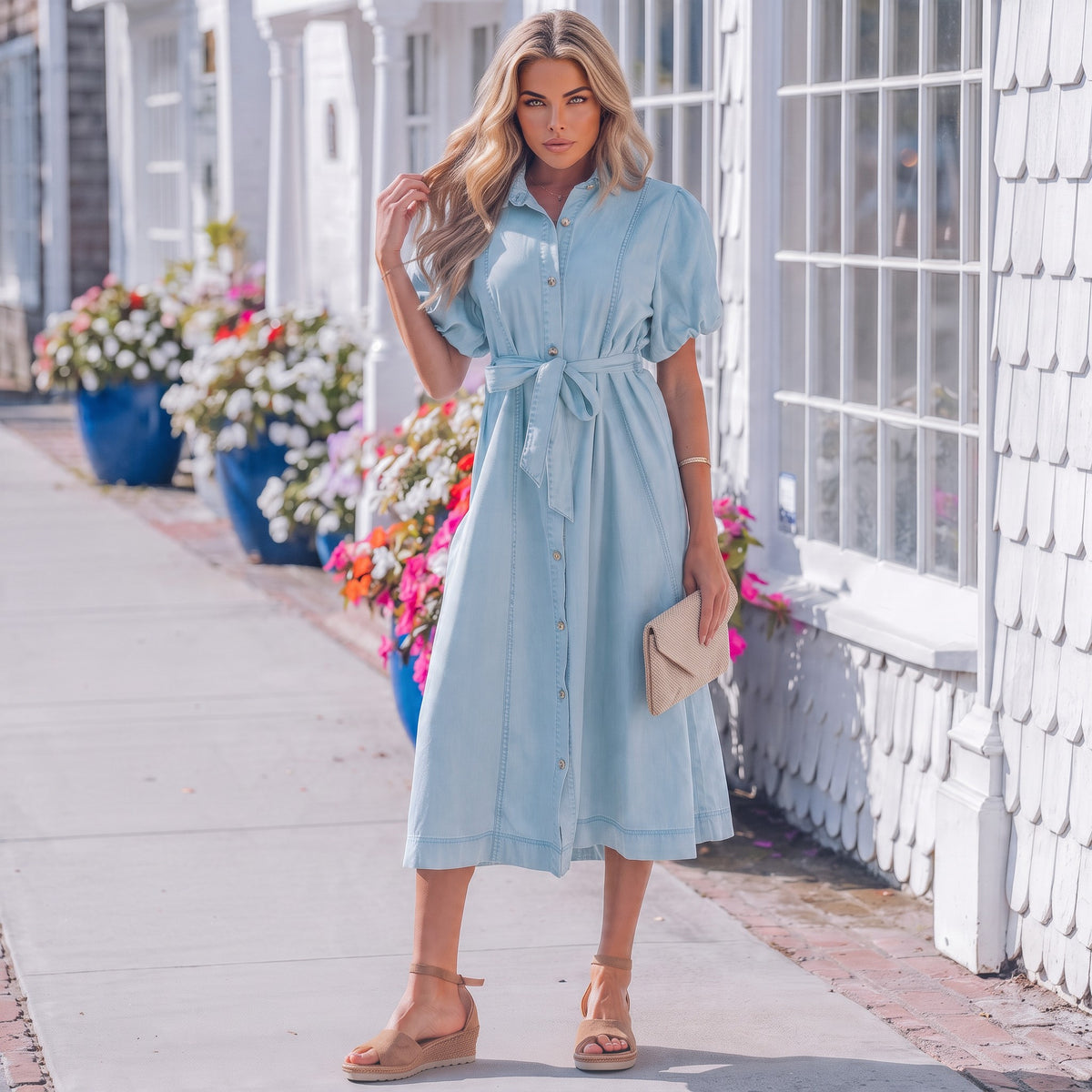 Robe midi en jean à manches courtes bouffantes